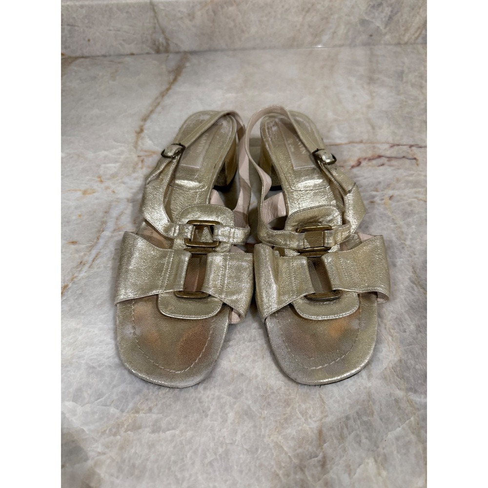Lanvin Vintage Metallic Gold Leather Slingback Block Heel Sandals EU 39 US 8